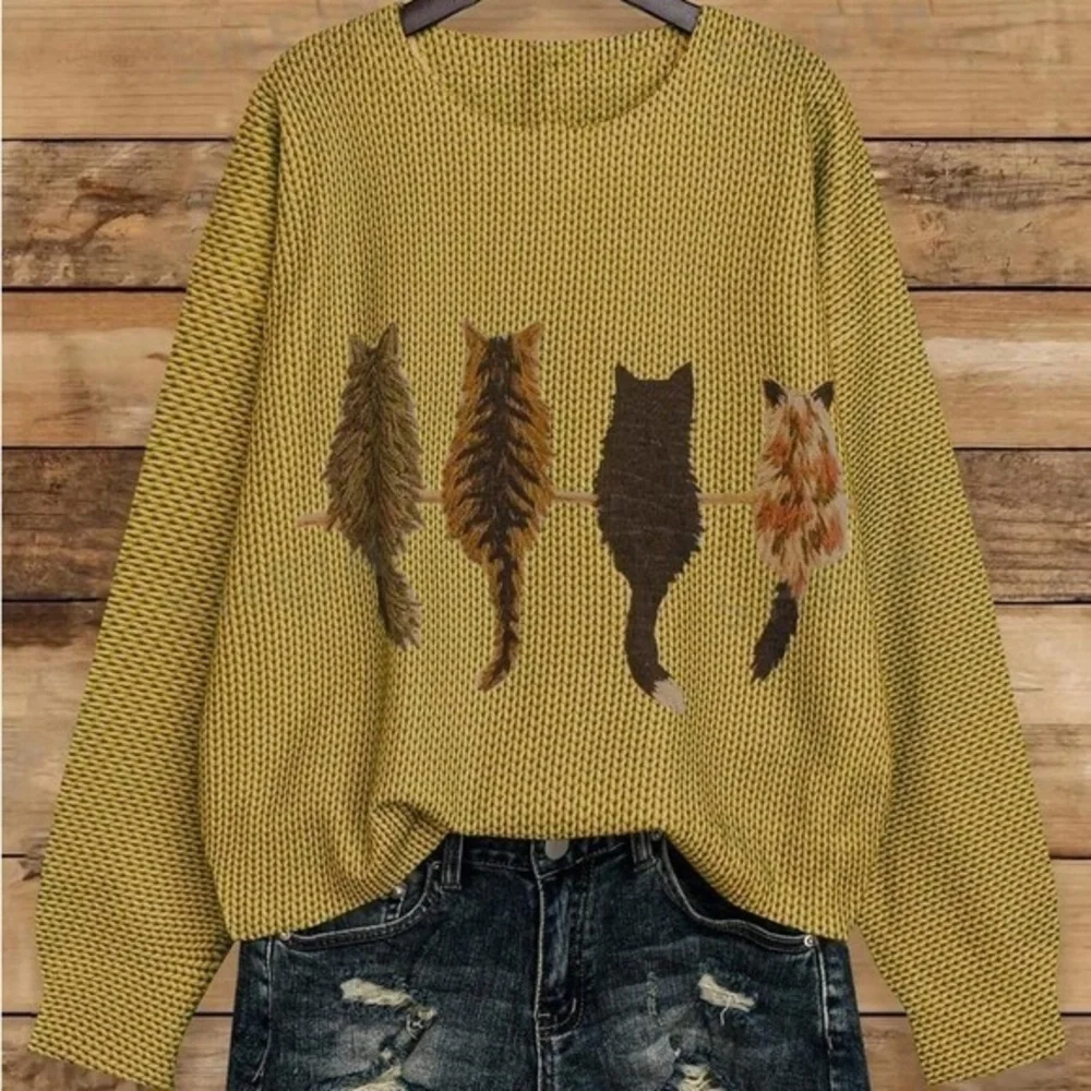 Cat Pattern Round Neck Long Sleeve Casual embroidered Pullover Sweater - Picture 1 of 4